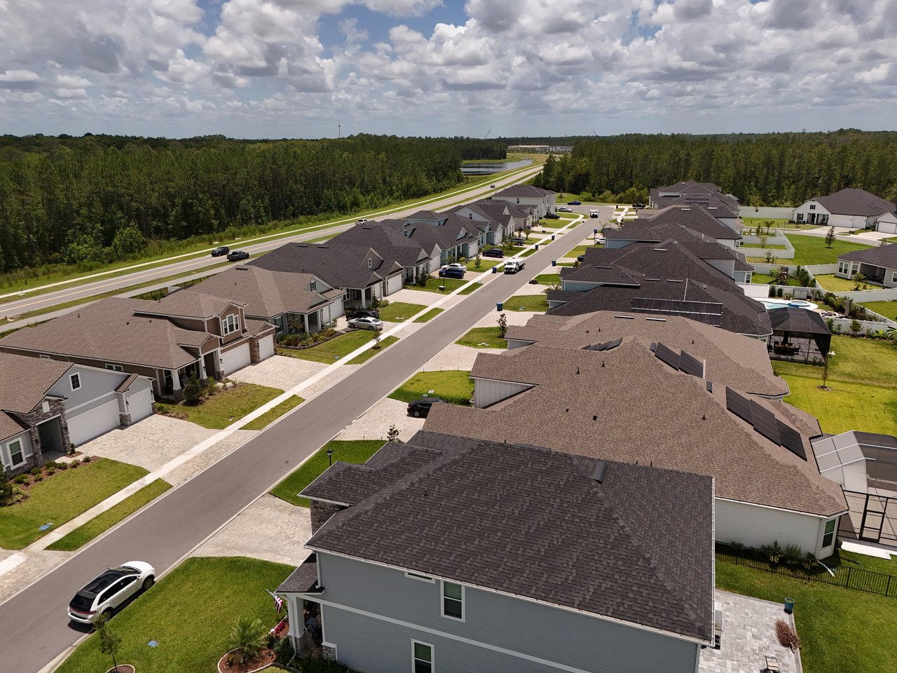 Aerial view of Holly Landing homes along a neighborhood street beside wooded land.