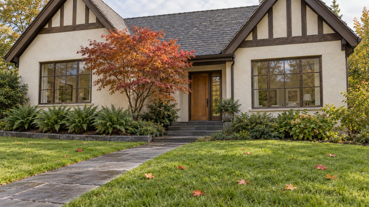 Steep-gabled home with ivory walls, bronze-framed windows and a basalt approach beside a copper-red Japanese maple in autumn.