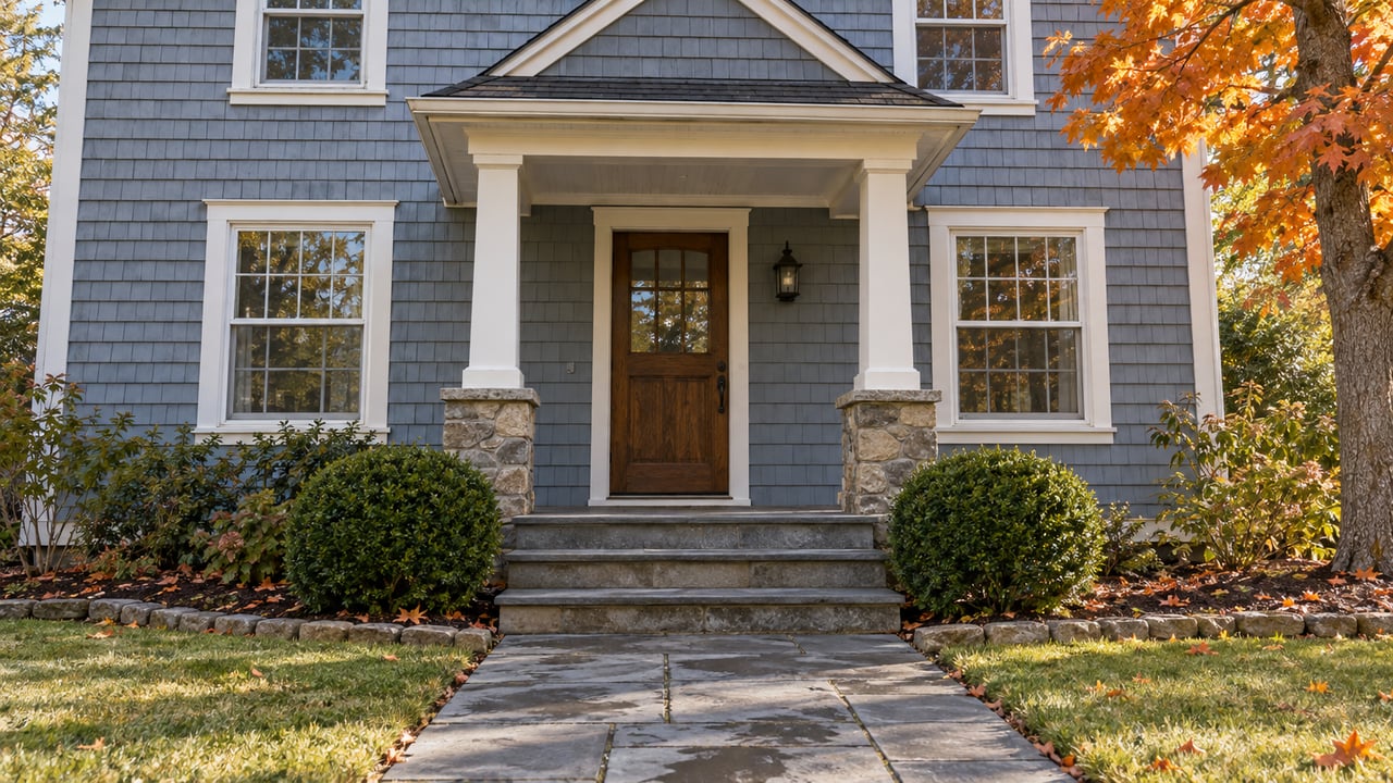 Blue-gray shingled home with a covered front porch, bluestone approach and an orange-leaved sugar maple in afternoon sunlight.