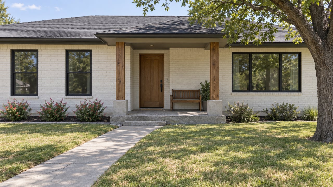 White brick home with a covered porch, wooden bench, and walkway across the front lawn.