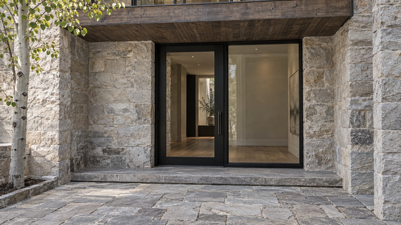 Condominium entrance with recessed glass doors, stone-paved approach, timber balcony, and an aspen trunk.