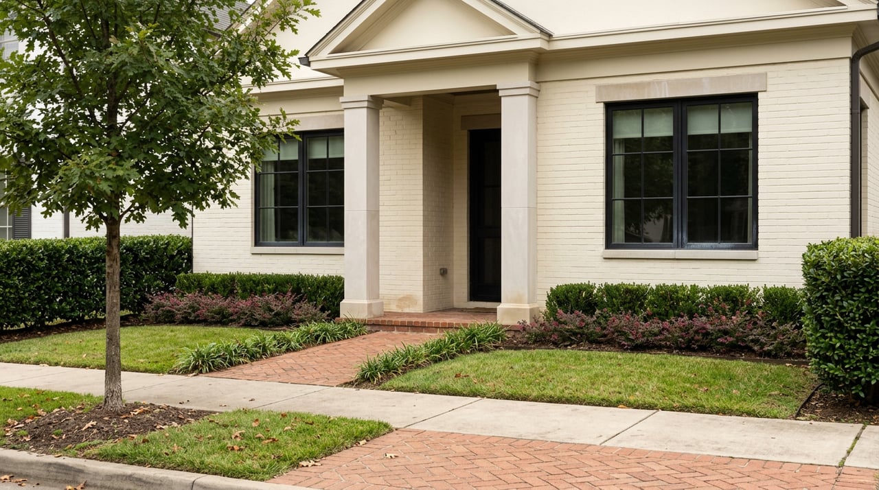 Brick front walk leads from the sidewalk to an ivory-painted brick home with limestone portico columns and young oak.