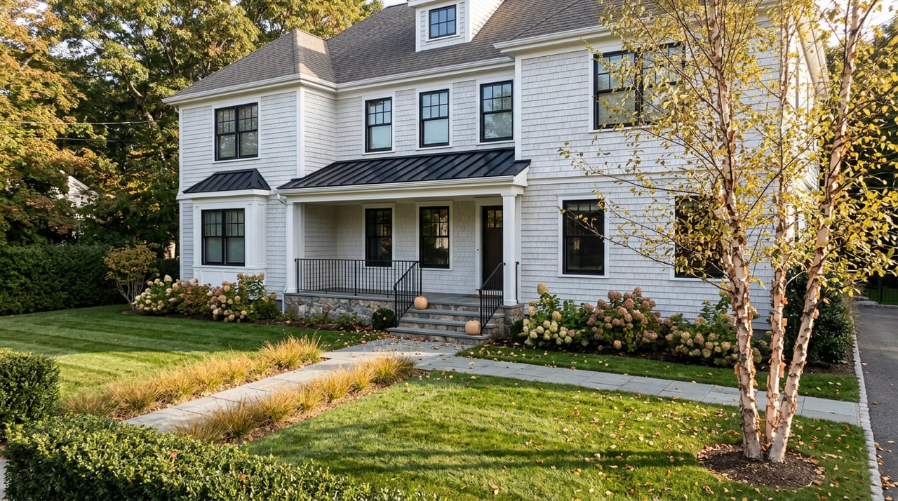 White shingle-style house with black-framed windows, a stone porch, and a yellow-leaved birch beside the lawn.