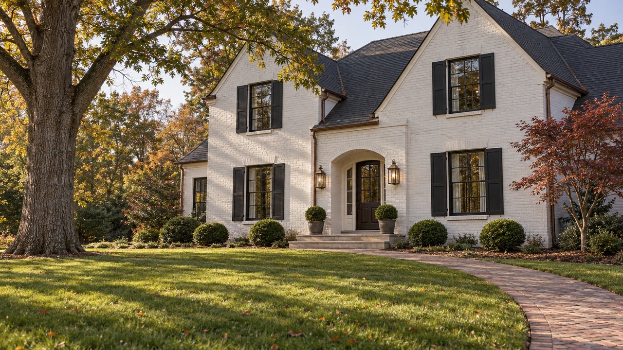 White-painted brick home with gabled roofs, a recessed arched entry and a curved brick walk across a spacious lawn beneath an oak.