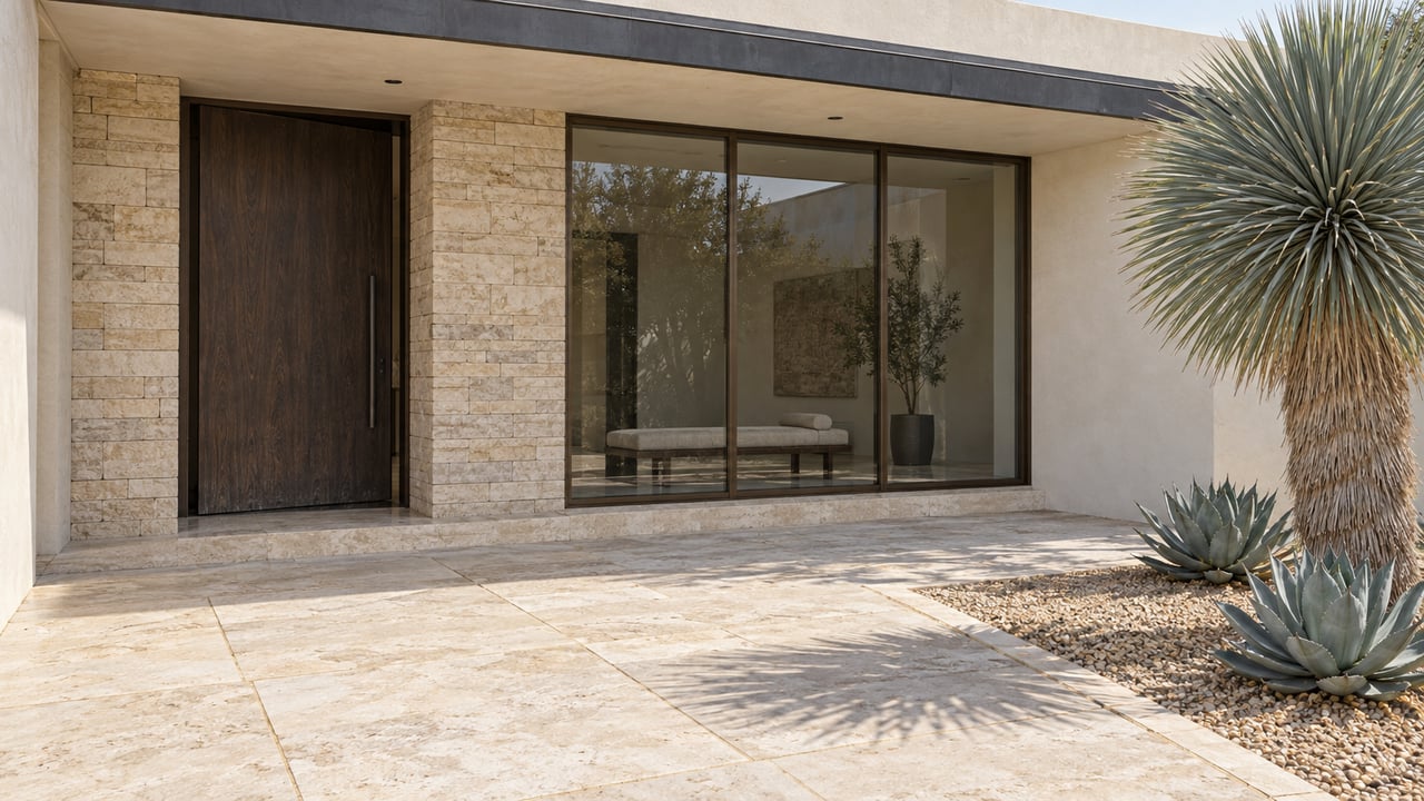 Sunlit limestone courtyard approaching a contemporary home with a wood pivot door, bronze-framed glazing, a specimen yucca and two agaves.