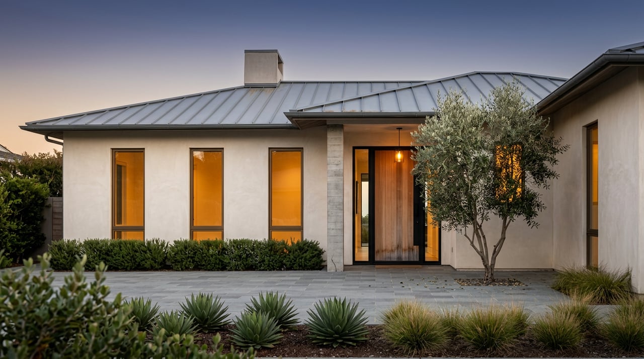 Coastal stucco home at dusk, with glowing windows, a cedar entry door, olive tree, and agaves.
