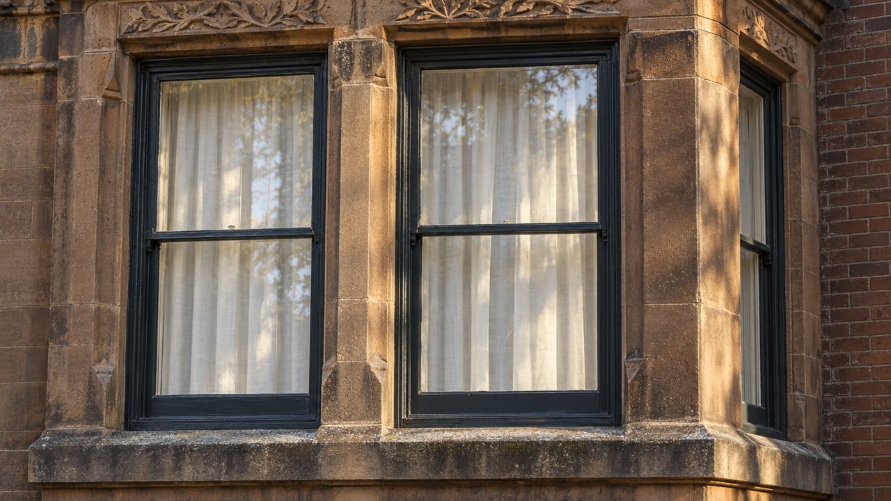 Warm afternoon light grazes a carved sandstone window bay with two dark timber sash windows and cream linen curtains.