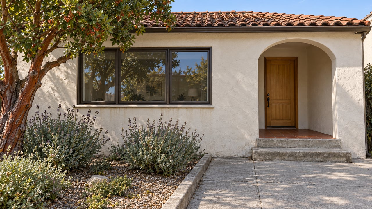 Warm stucco home with a tiled roof, recessed arched entry, and a compact planted front garden.