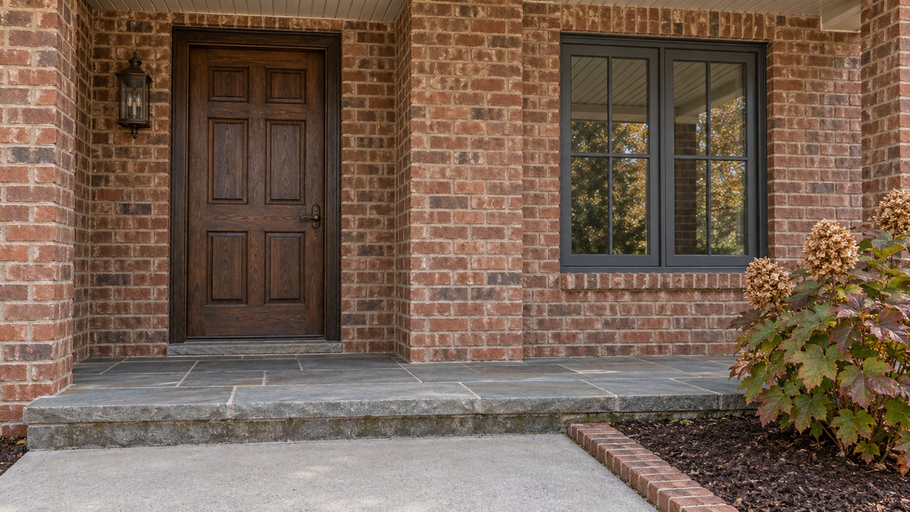 Brick home entry with a dark oak door, charcoal-framed window, gray stone steps and autumn oakleaf hydrangea.