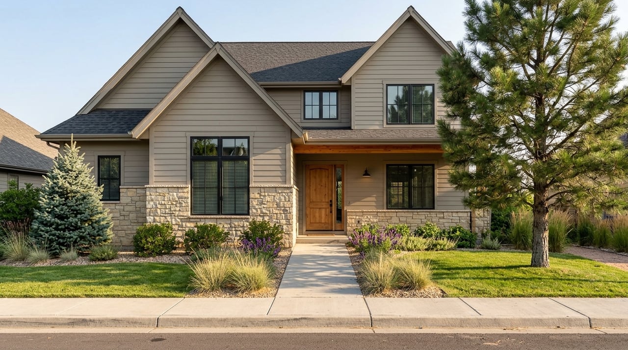 Gabled house with stone siding beside a landscaped front approach and trail.