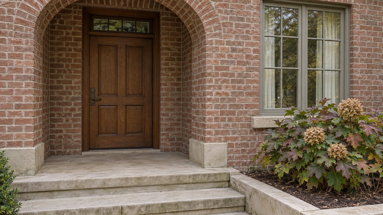 Covered brick entry with a closed oak door, limestone steps and an oakleaf hydrangea beside a divided-light window.