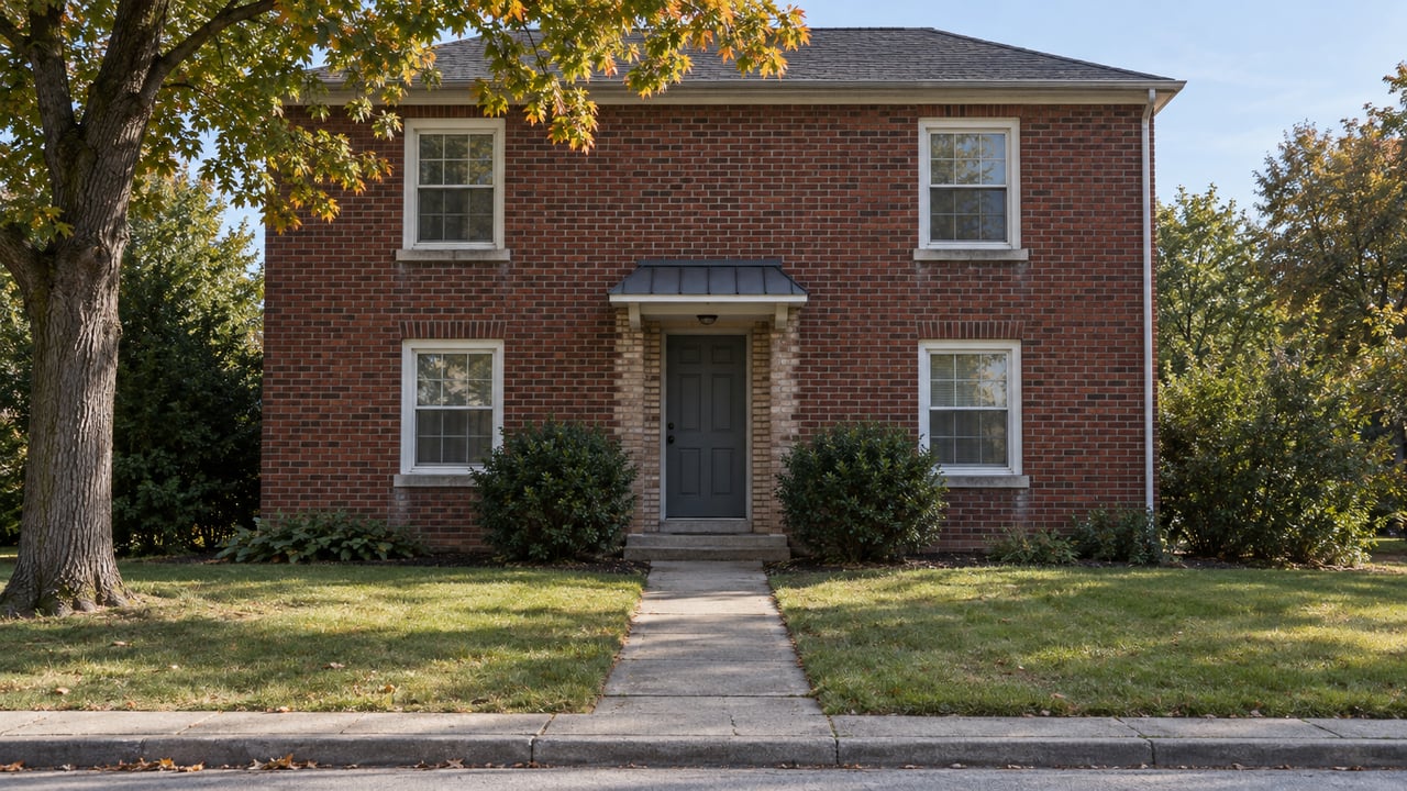 Two-story red-brick multifamily house with a recessed entrance, front lawn, concrete path, and maple tree.