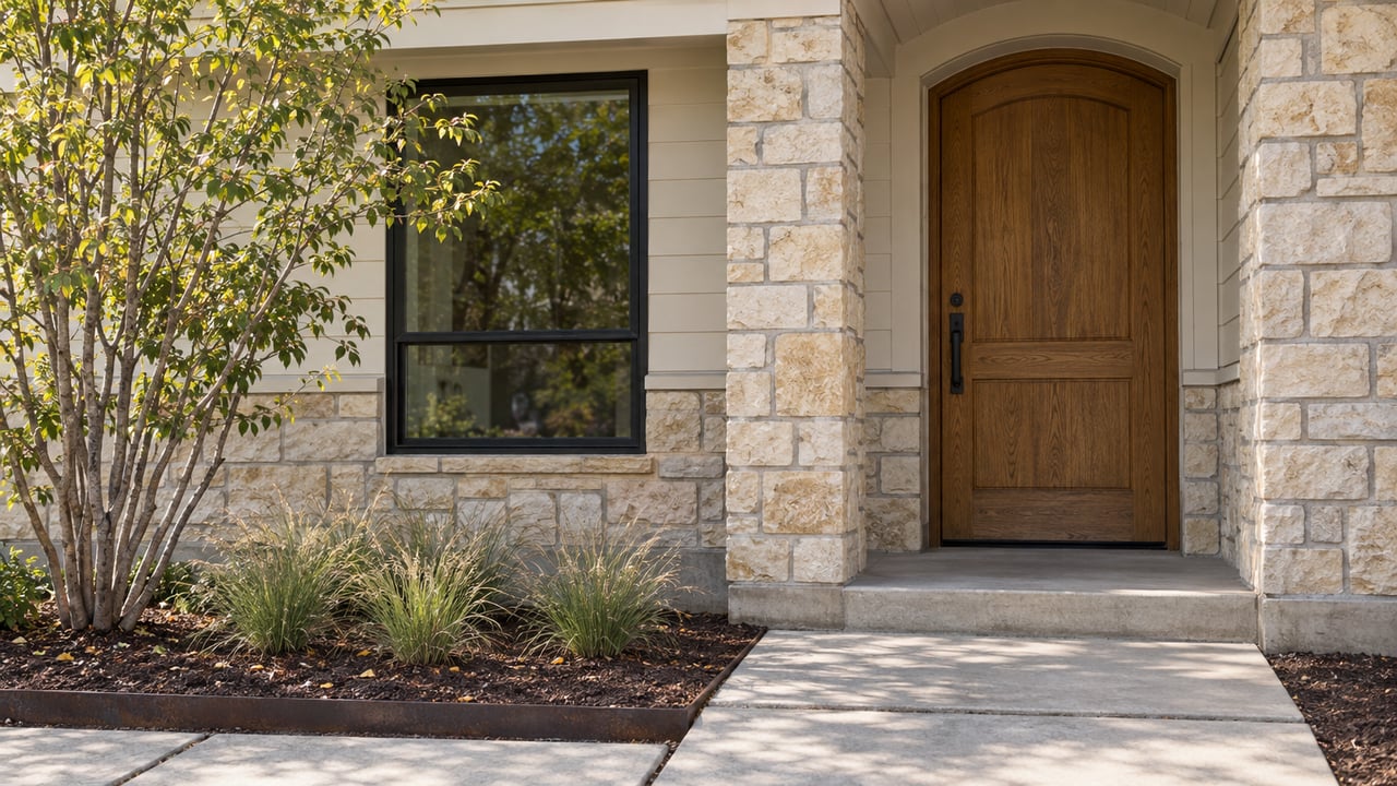 Two-story home entry with an arched oak door, black-framed window, limestone piers, and a small planted bed.