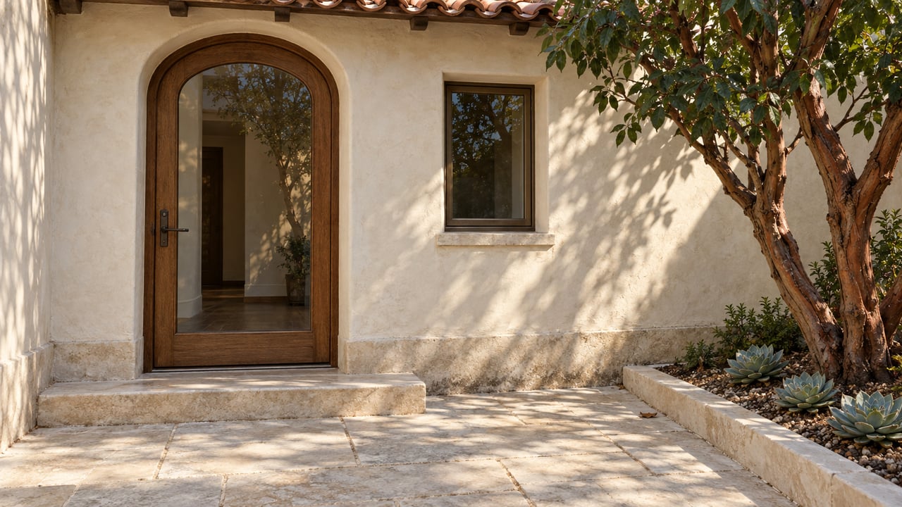 Sunlit limestone courtyard beside an arched oak-and-glass entrance, ivory stucco, faded clay roof tiles, and a sculptural strawberry tree.