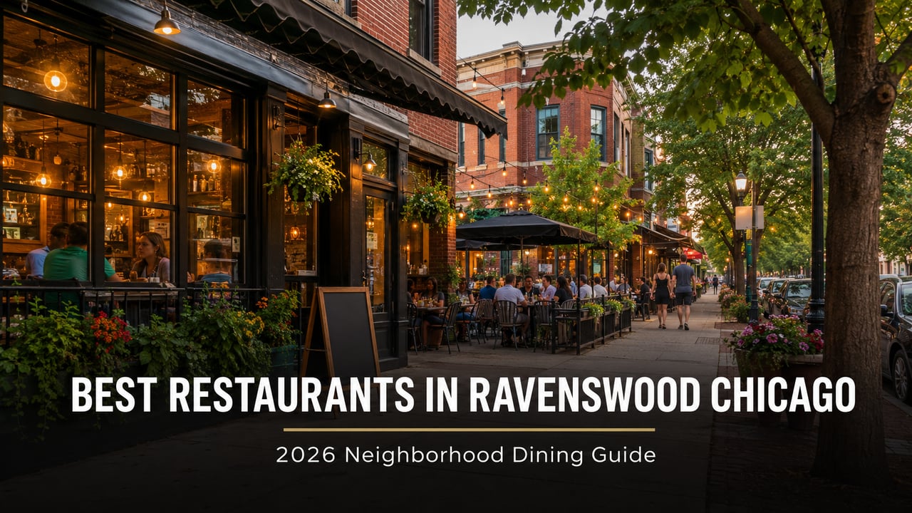 alt Row craft beverage district on Ravenswood Avenue in Chicago with brewery taprooms and industrial buildings