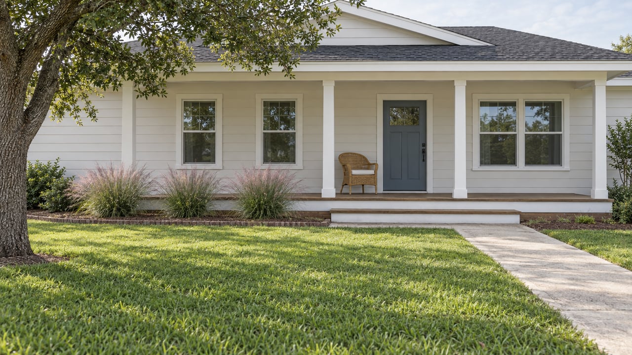 Light-sided single-story home with a wood front porch, deep lawn, live oak, and pink muhly grass in soft afternoon light.