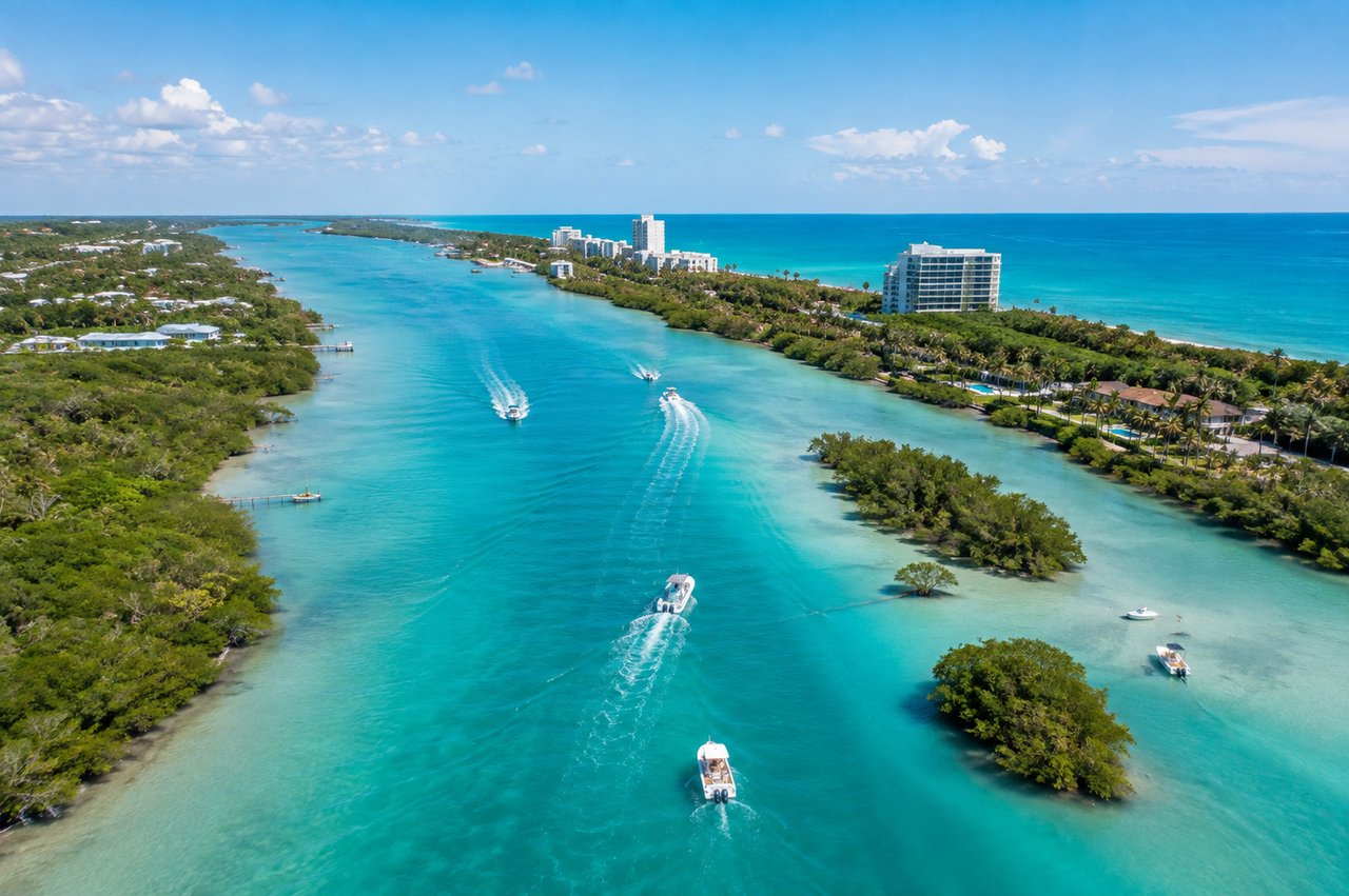 Aerial view of a turquoise coastal inlet, with boats, mangrove shores, and beachfront buildings.