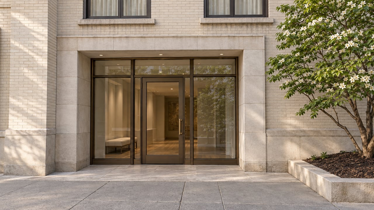 Ivory brick condominium entrance with pale limestone surround, bronze-framed glazing, and a dogwood beside the sidewalk.