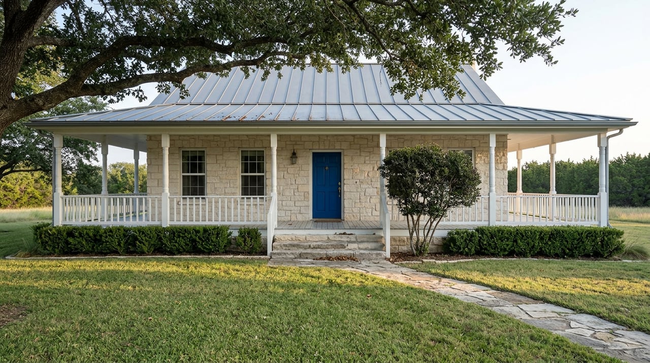 Limestone ranch house with wraparound porch and blue door, framed by live oak beyond lawn.
