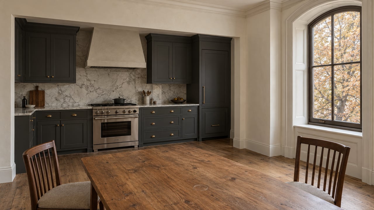 An oak dining table and walnut chairs beside an arched window, with charcoal kitchen cabinetry and pale marble surfaces beyond.