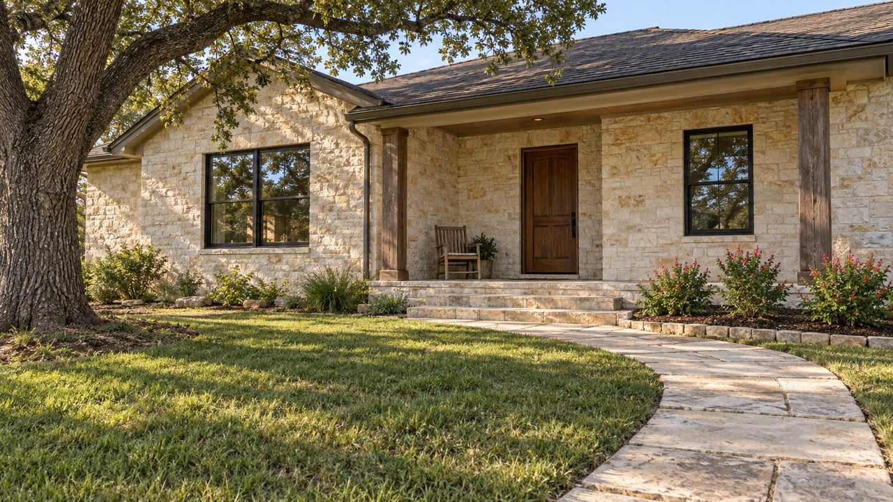 A single-story limestone home with a timber-supported porch, deep lawn, and mature spreading oak in warm afternoon light.