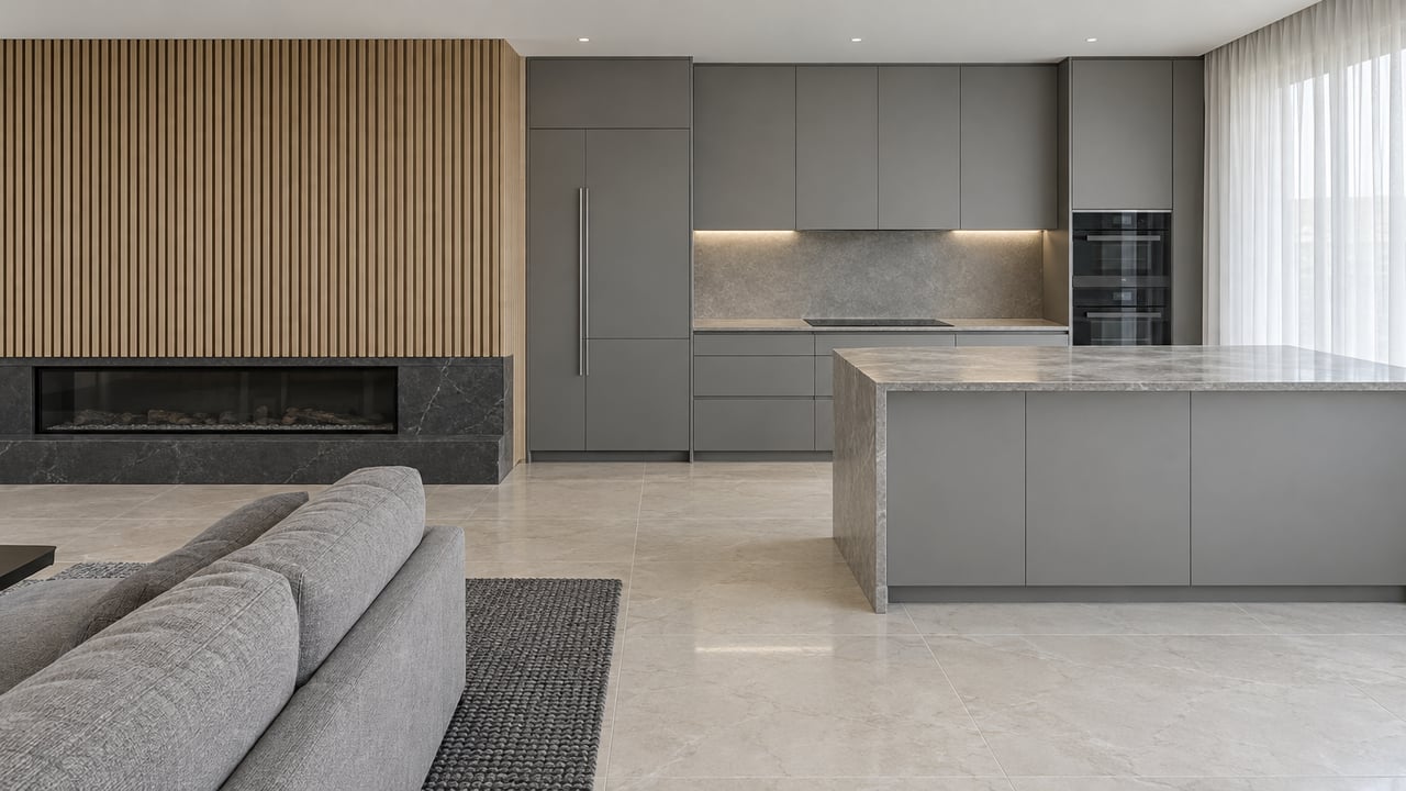 Gray apartment kitchen beyond a low sectional, with pale stone flooring, an oak slat fireplace wall and soft daylight through sheers.