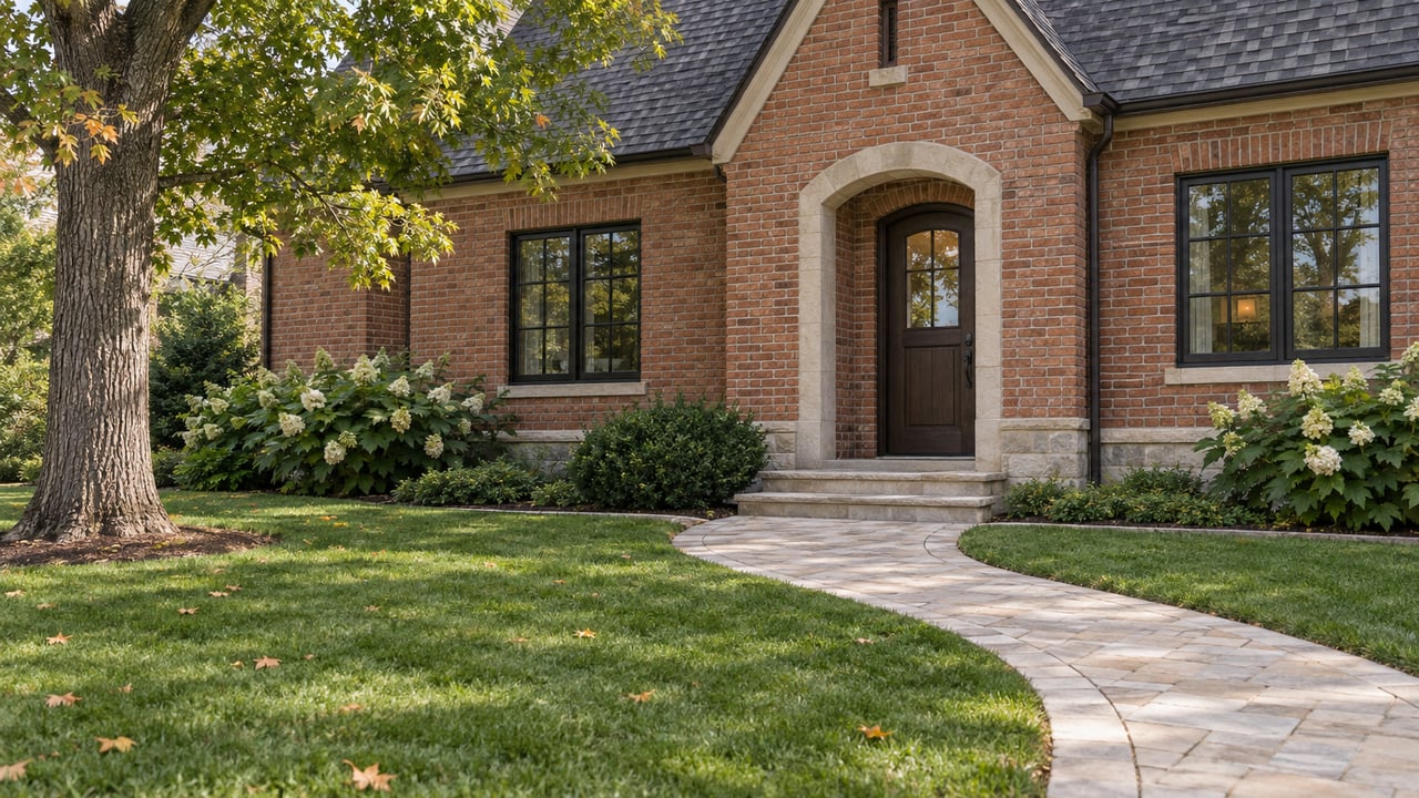 Red-brick home with an arched oak entry, flanking windows, and a curved paver walk across the lawn.