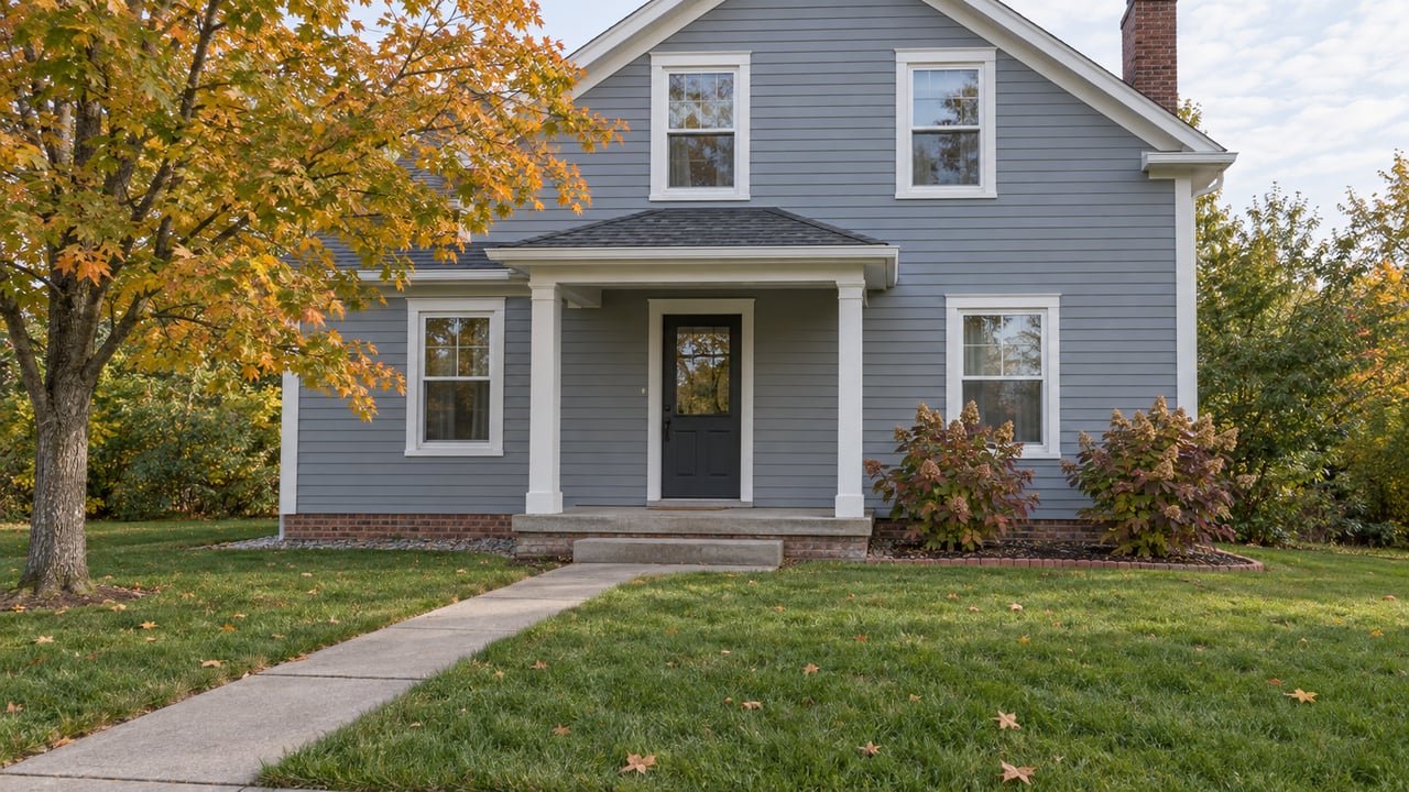 Gray-blue gabled home with a brick chimney, shallow front porch, deep lawn and an amber-leaved maple in soft autumn daylight.