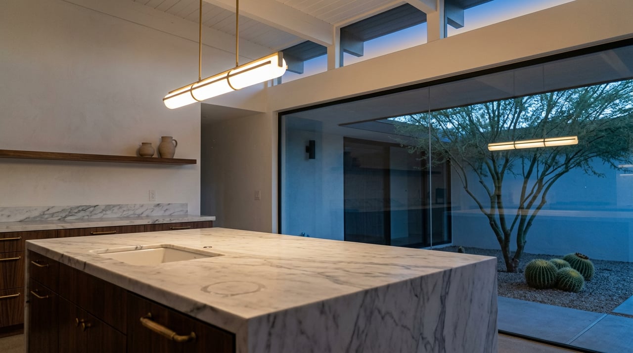 Marble kitchen island beneath a brass pendant, with walnut cabinetry and a palo verde visible through glass.