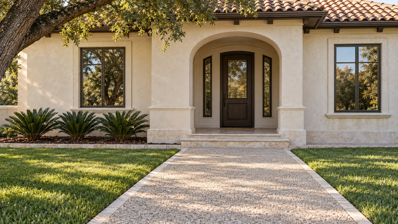 Cream stucco home with an arched entry, terracotta tile roof, and stone walkway beneath a shade tree.