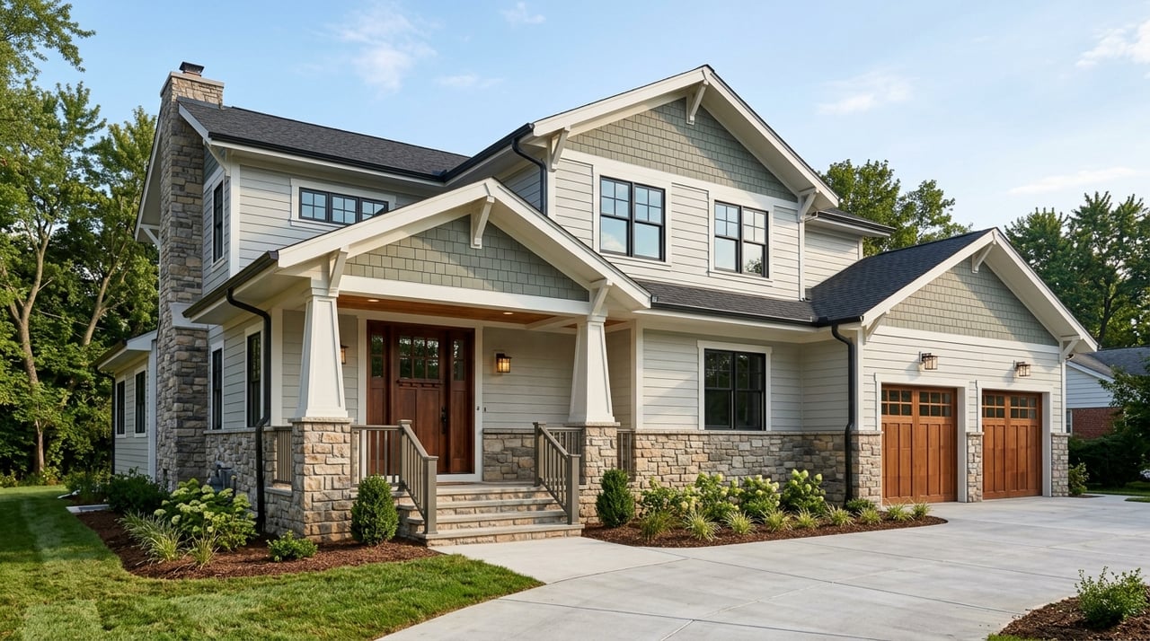 Warm gray Craftsman home with a honey-brown gable, covered porch, single garage, and young trees.