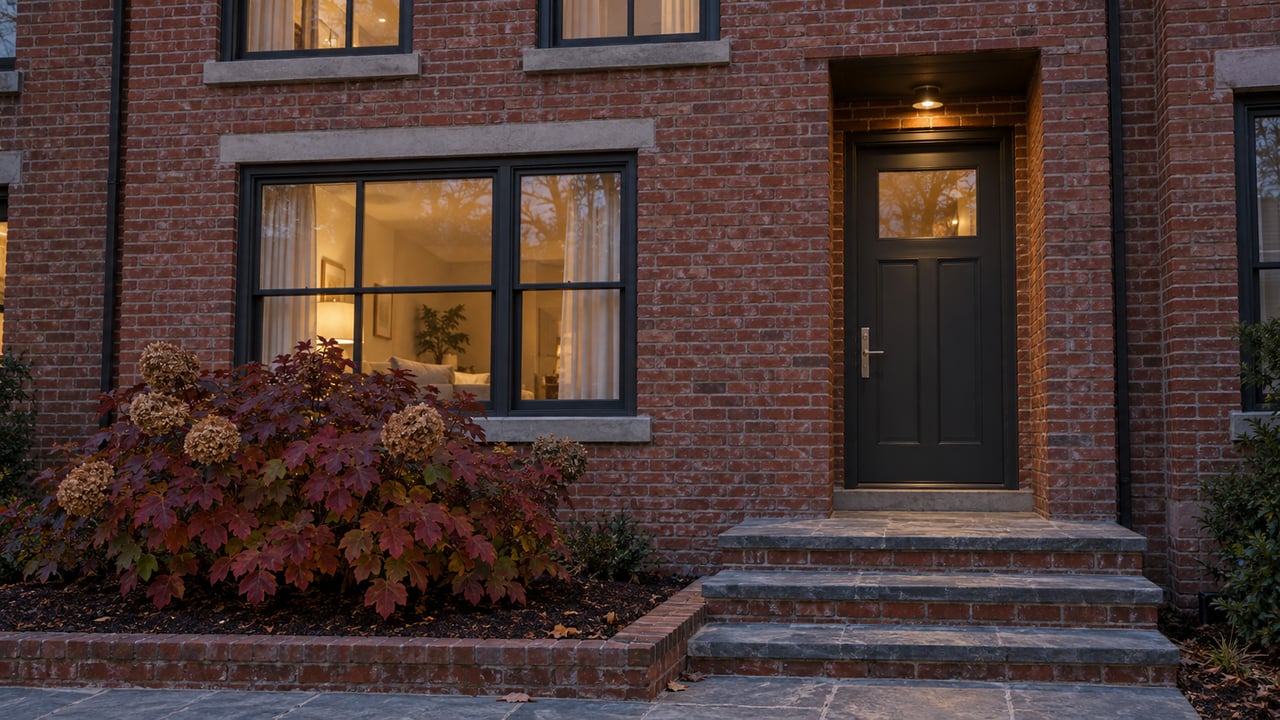 Brick townhome entry at dusk with warm windows, bluestone steps and autumn oakleaf hydrangea.