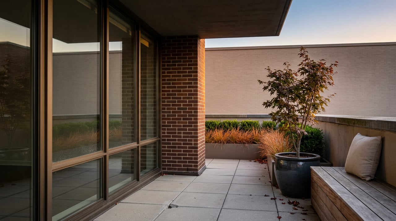 Private condominium terrace with a Japanese maple, copper-orange grasses, and a silvered wood bench beside brick and glass.