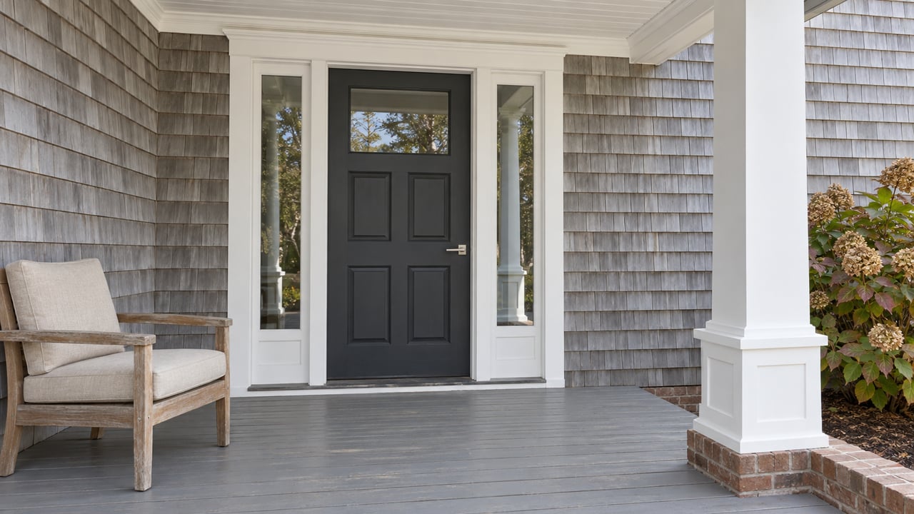 Gray cedar-shingle home entry with white trim, a charcoal door, paired sidelights and a teak chair on a covered porch.