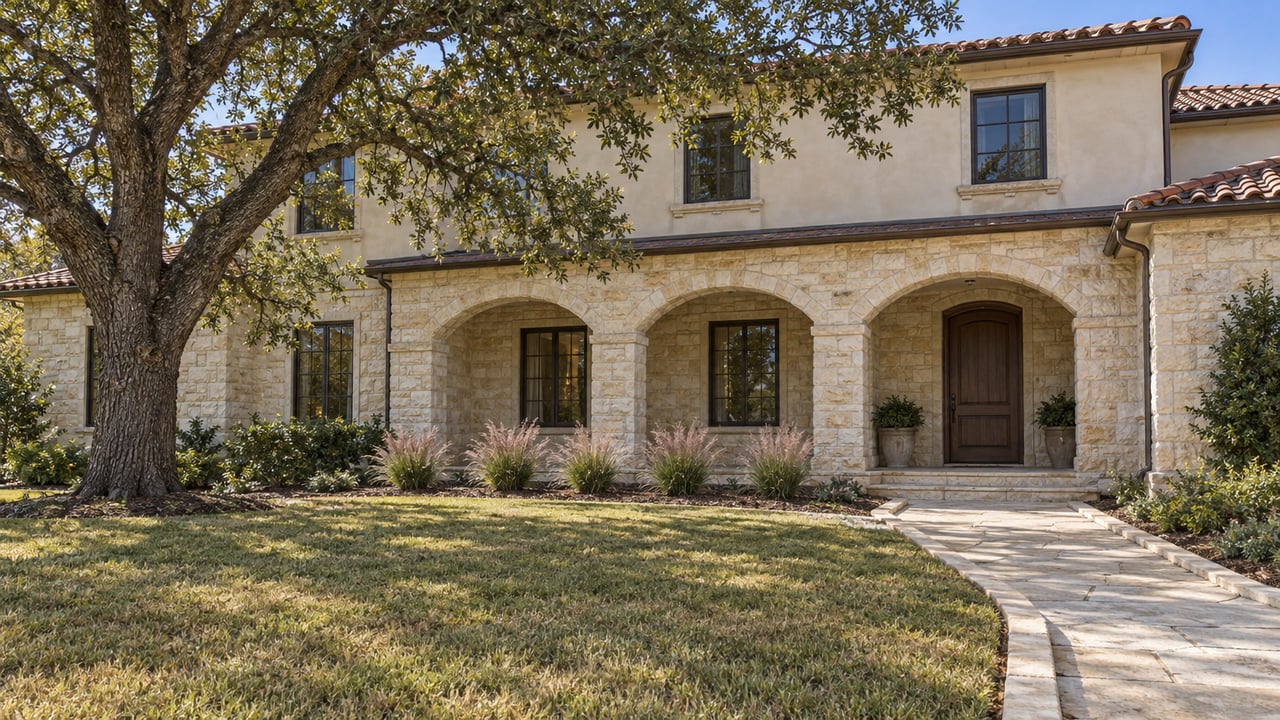 Pale limestone and stucco home with a tiled roof, three shaded porch arches, and a broad autumn lawn beneath a spreading oak.