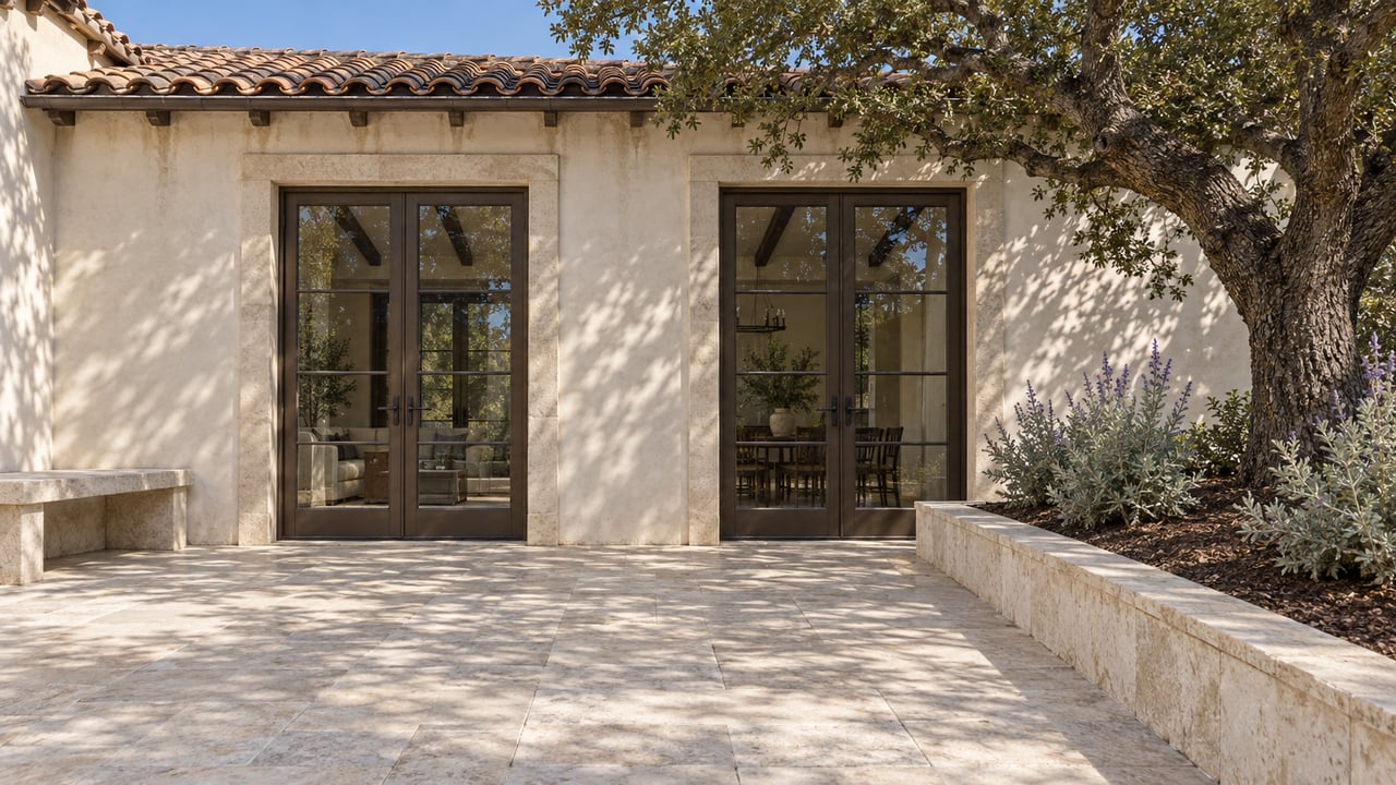 White stucco estate garden wing with bronze-framed glazed doors, a limestone terrace and bench, and a mature coast live oak in a raised stone planting bed.