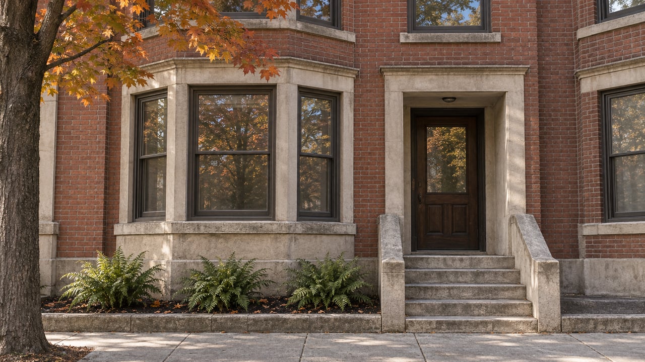An autumn maple frames a brick home's bronze-framed bay windows and worn limestone entry steps beside a narrow sidewalk.