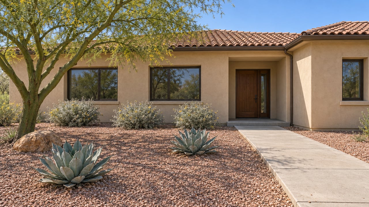 Sand-colored stucco home with a weathered terracotta roof, recessed wooden entry and a deep desert garden of blue palo verde, silver brittlebrush and sculptural agaves.