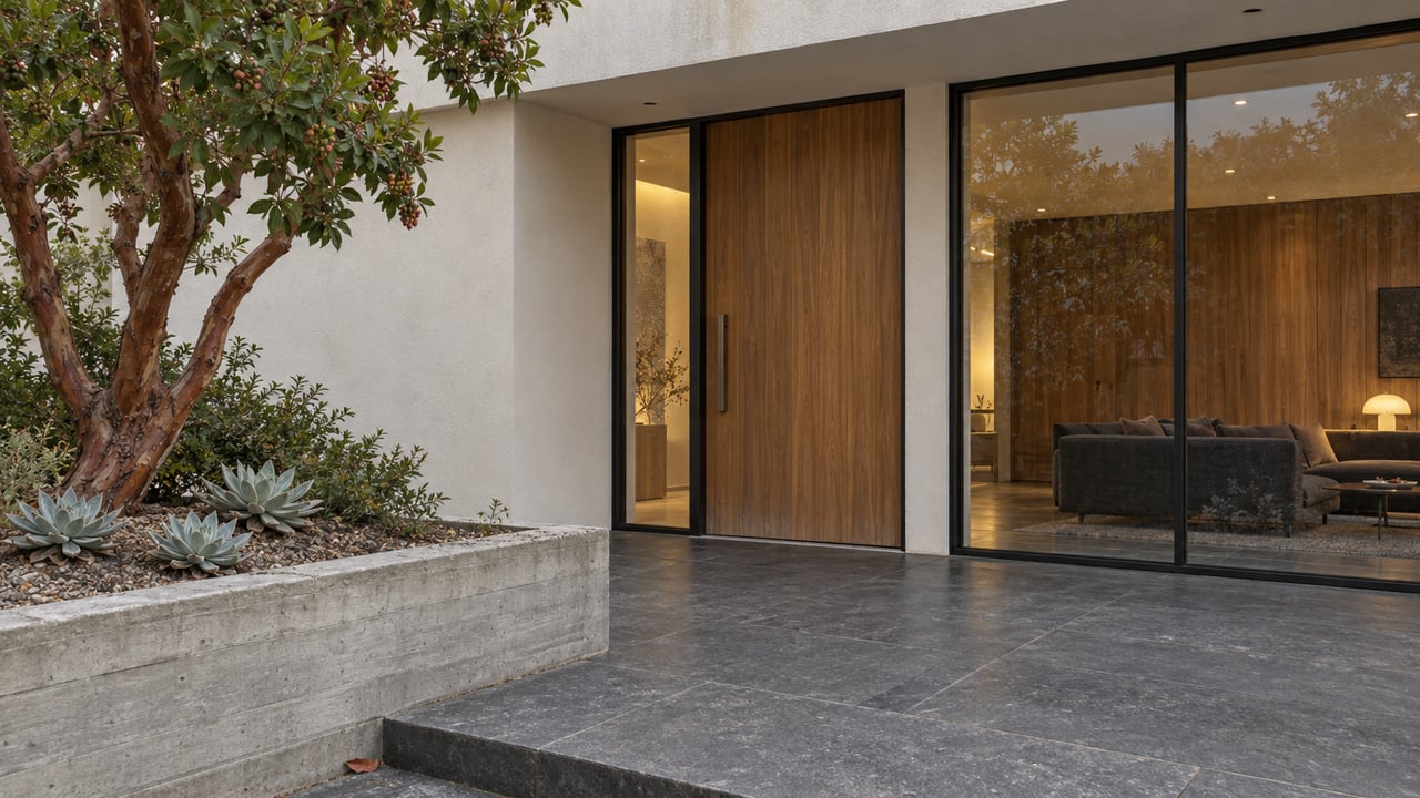 Contemporary home entrance with a teak door, charcoal stone landing, concrete planter, and a sculptural strawberry tree.