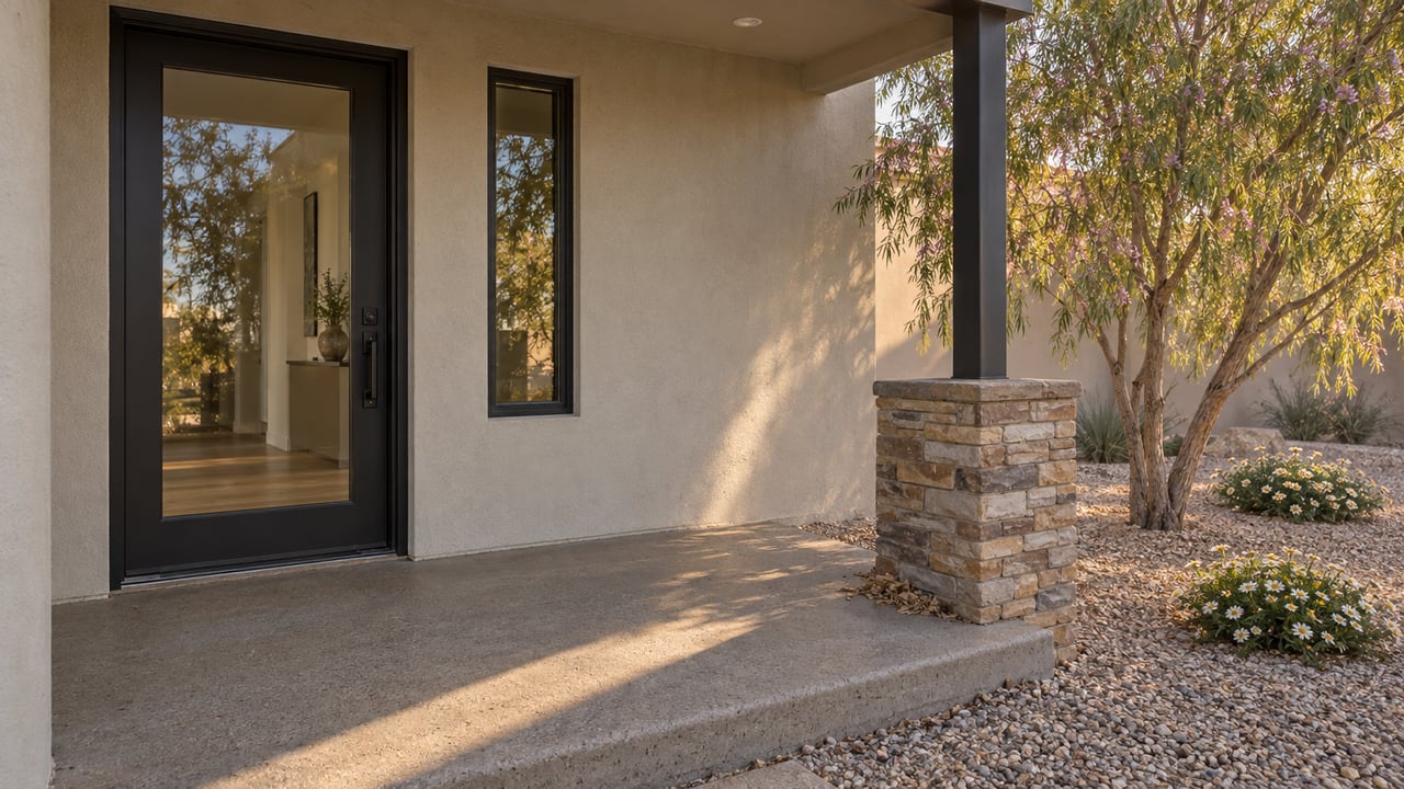 Contemporary stucco home entry with a glazed door, sandstone pier, concrete landing, and desert willow.