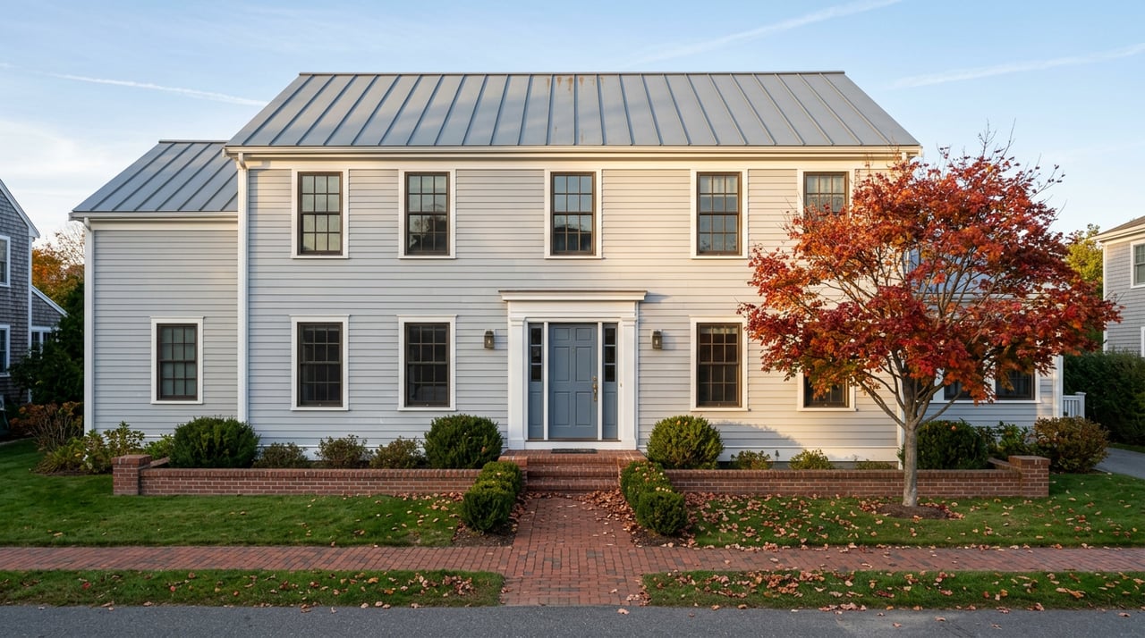 Gray clapboard house with a slate-blue door, red-orange maple, and brick walkway.