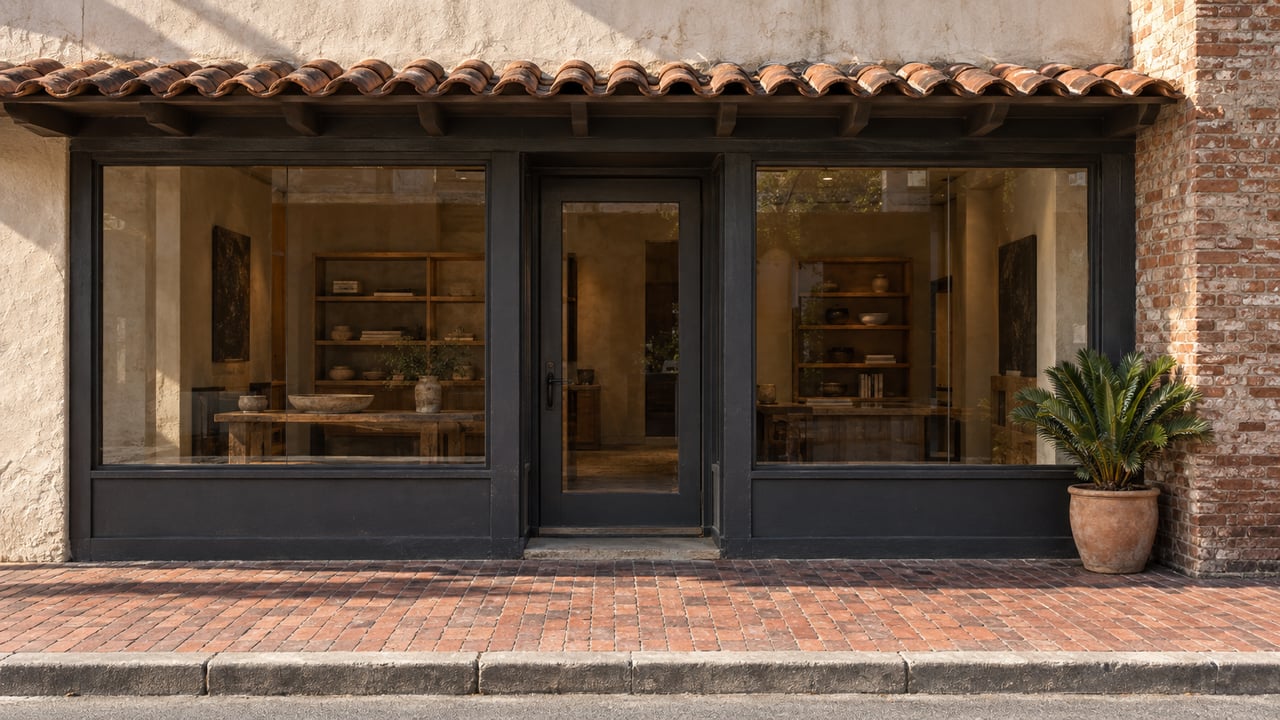Downtown storefront with charcoal-framed display windows, a recessed glass door, terracotta overhang, and potted plant.