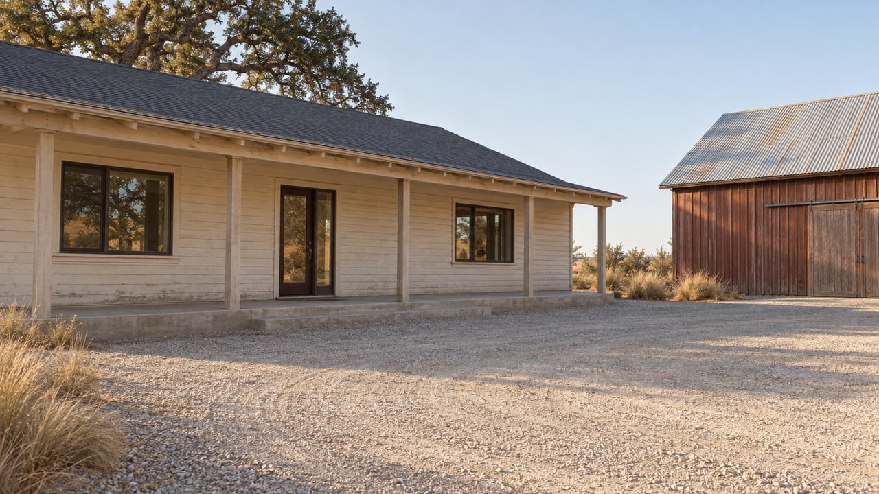 Weathered cream house with a covered porch beside a separate russet-sided barn across a gravel court.