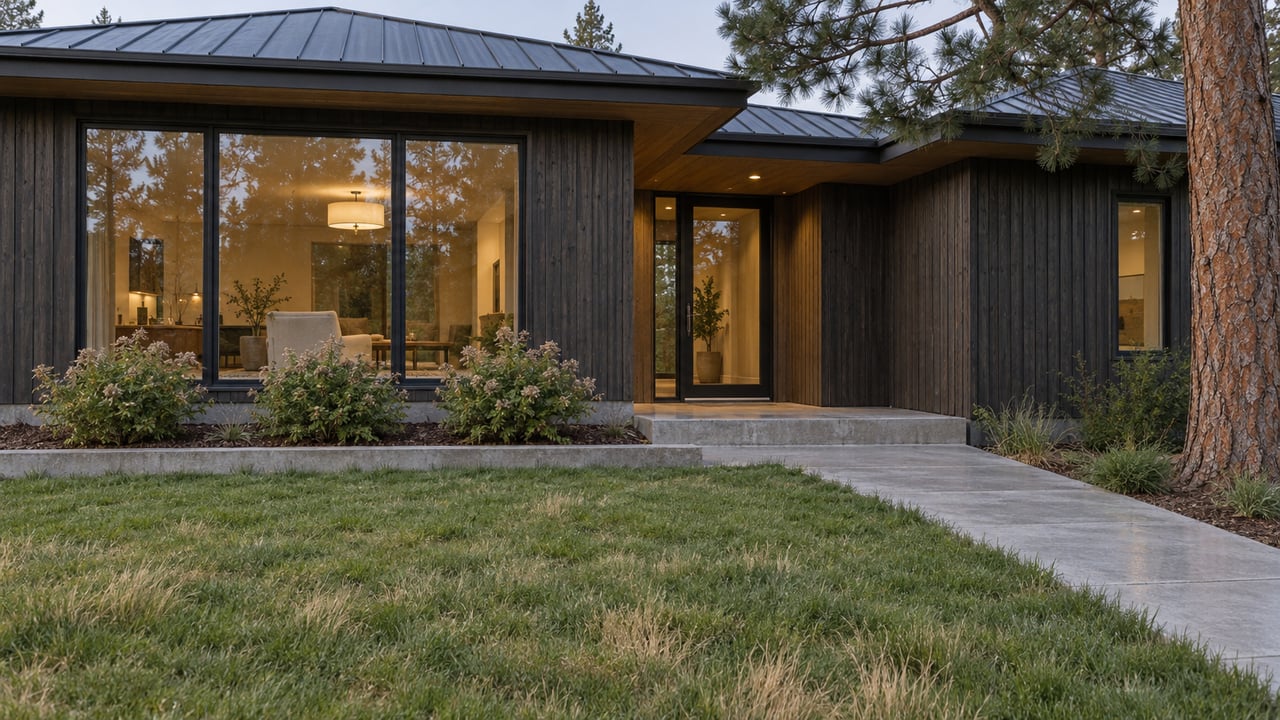 Dark cedar contemporary home with broad eaves, warm enclosed windows and a generous lawn beside a concrete entry walk.