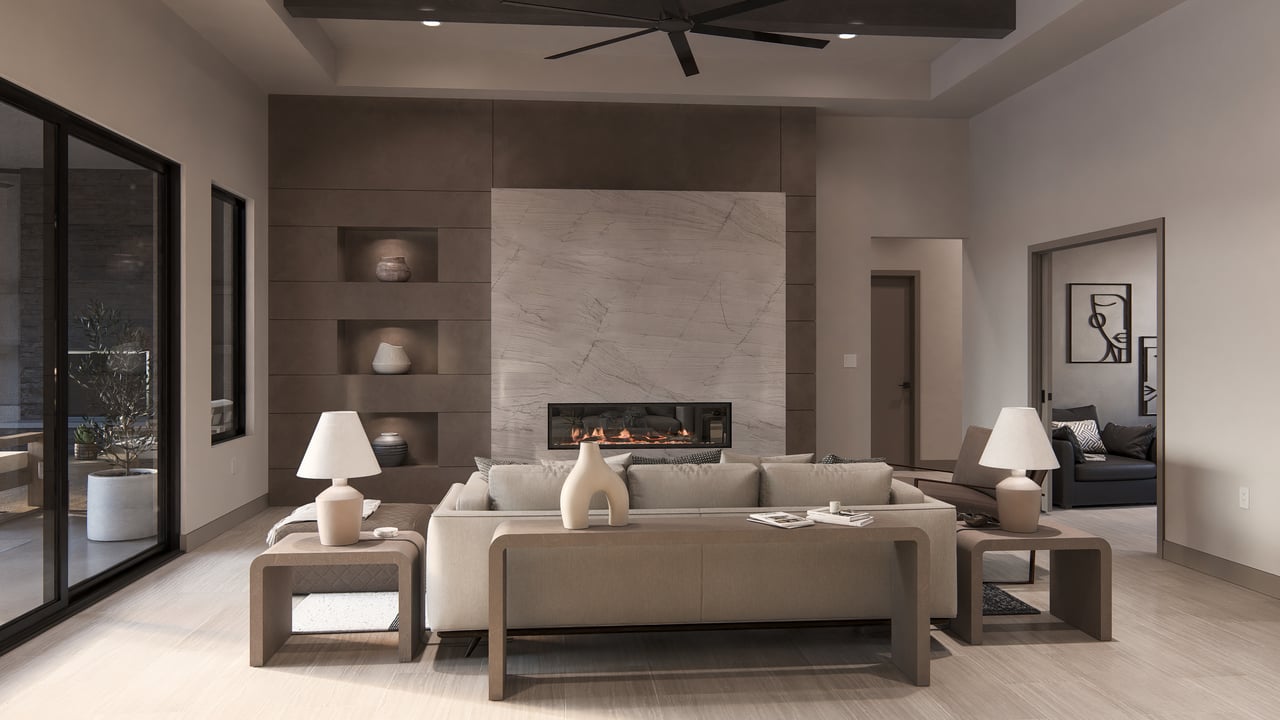 Linear fireplace wall with modern desert style interior design