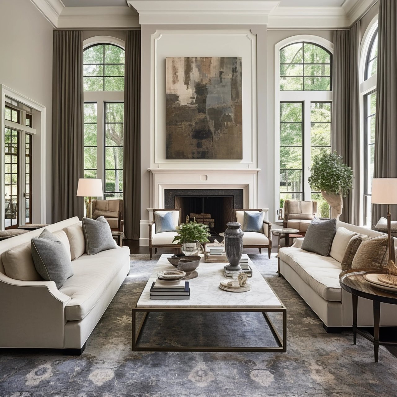 Staged living room with a fireplace, tall arched windows, cream sofas, and a marble coffee table.