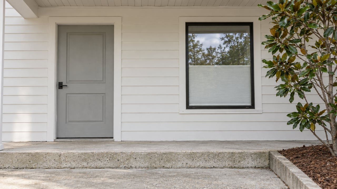 White-sided home entry with a pale-gray door, black-framed window and shell-aggregate concrete porch in soft daylight.