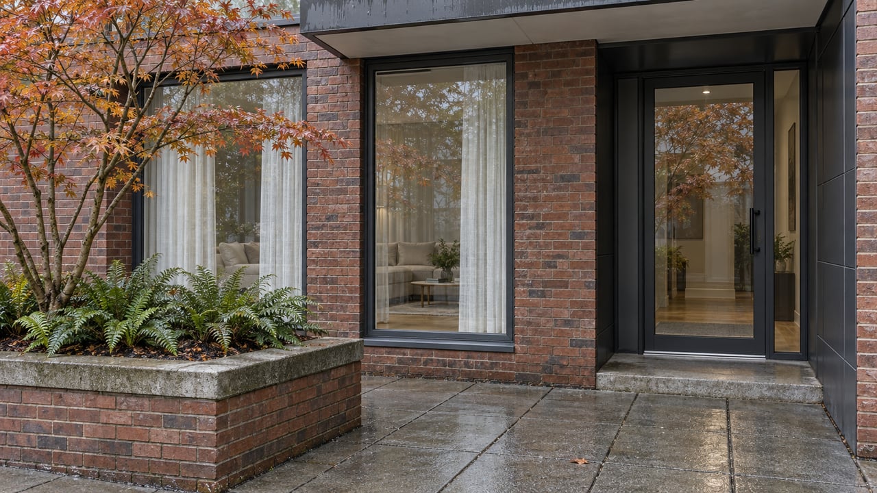 Brick condominium frontage with dark metal windows, a recessed glass entry and an autumn vine maple in a raised masonry planter beside rain-darkened paving.