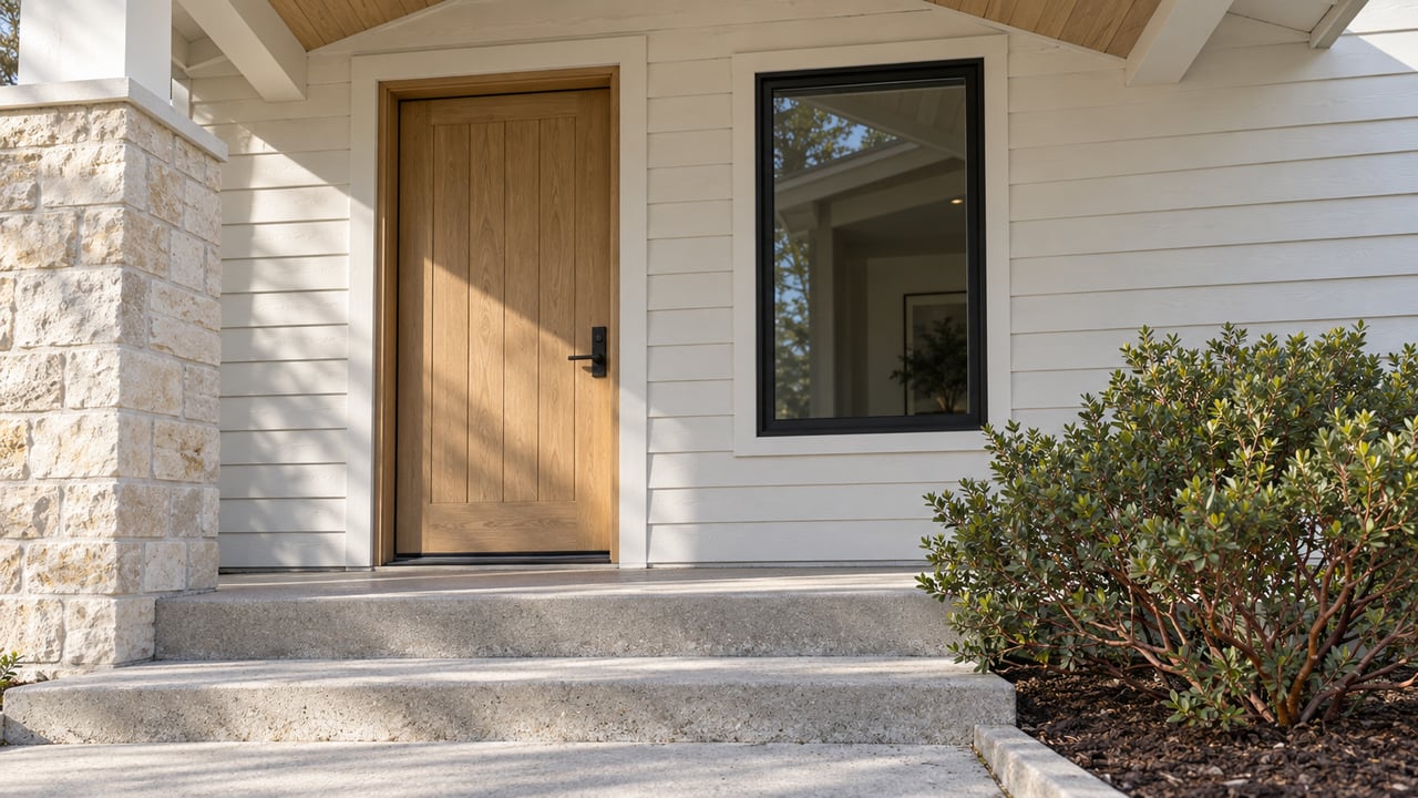 Sunlit white lap siding, a closed oak front door, black-framed window and limestone porch pier above concrete entry steps.