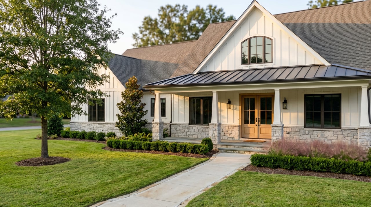 Stone-and-white-sided house with a steep gable, oak front lawn, and walkway leading to a covered entry.